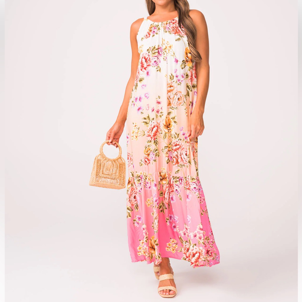 Pq Swim Floral Leilani Maxi Dress In Pink And Cream Bahia